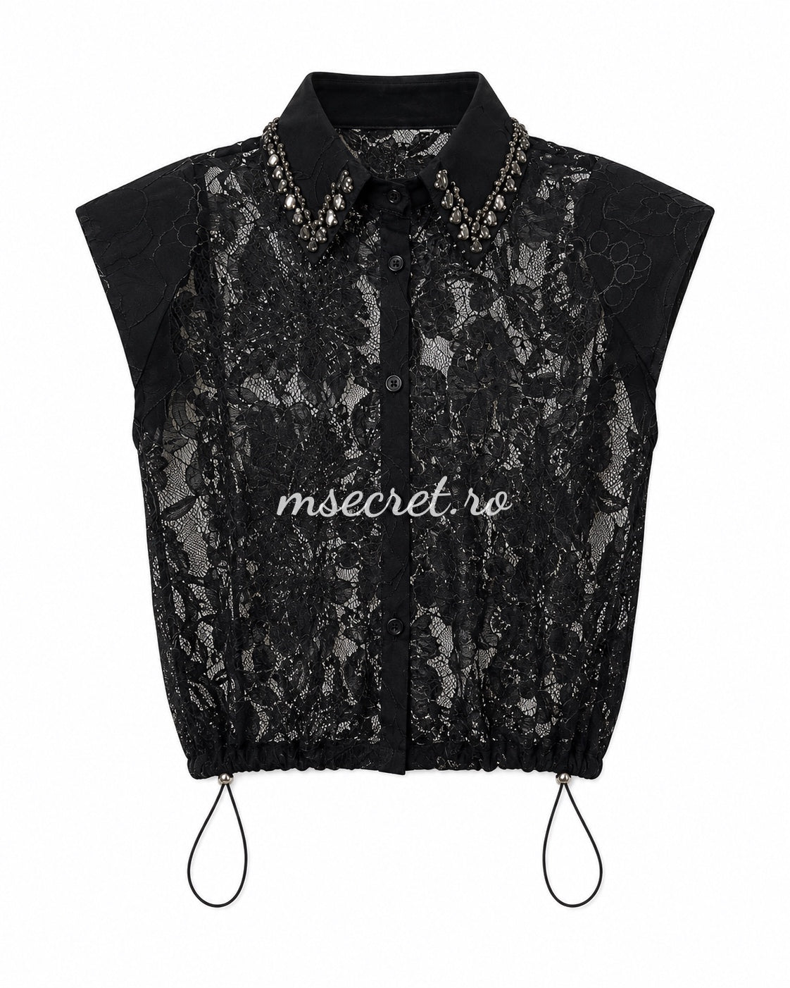 Camasa neagra din dantela cu guler accesorizat cu perle si pietre