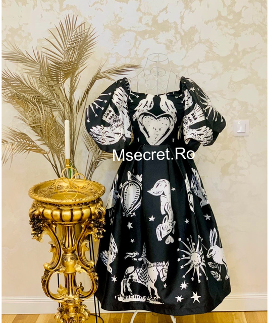 Rochie mici din tafta satinat cu imprimeu grafic alb Celestial Noir