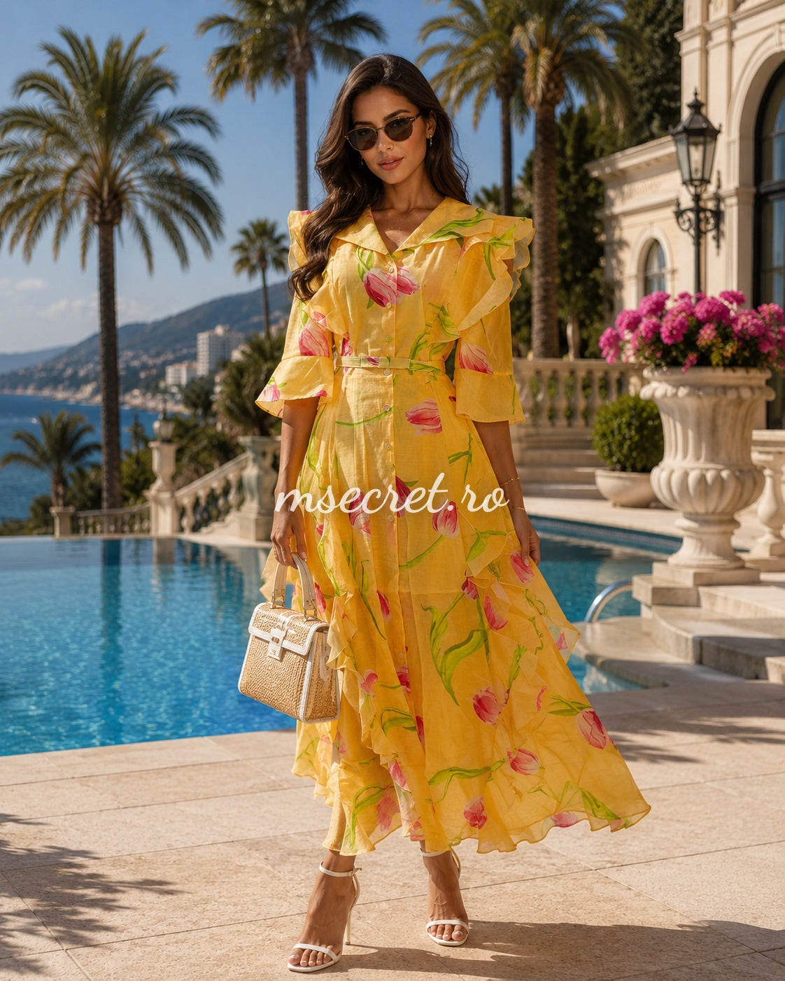 Rochie din in galbena cu print floral si volane
