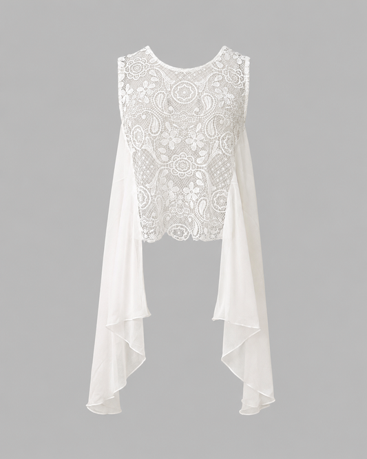 Bluza alba din dantela cu maneci lungi din voal