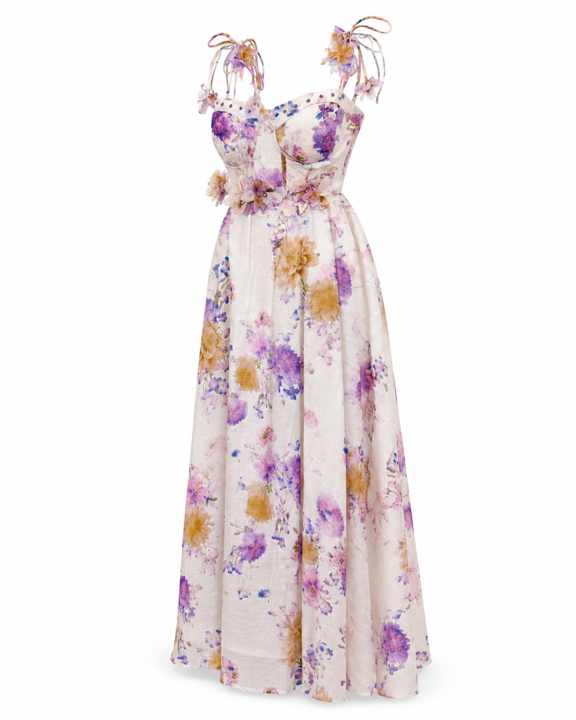 Rochie lunga florală din in cu corset și bretele reglabile