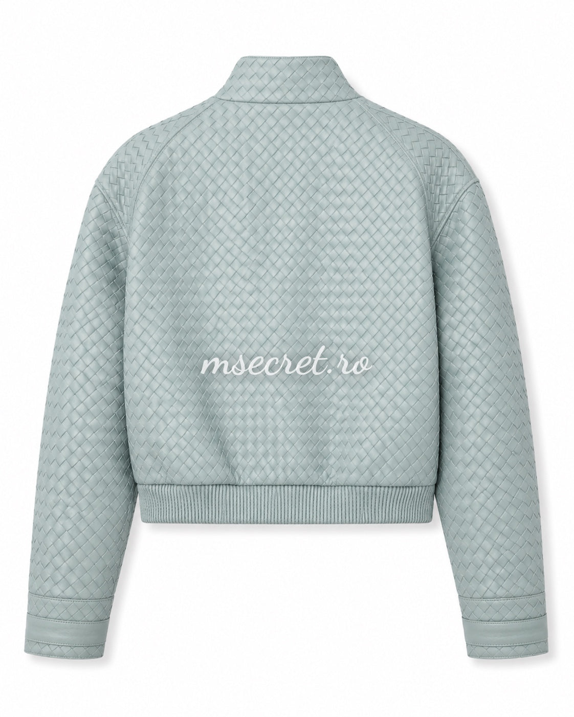 Geaca scurta din piele naturala verde menta cu textura impletita
