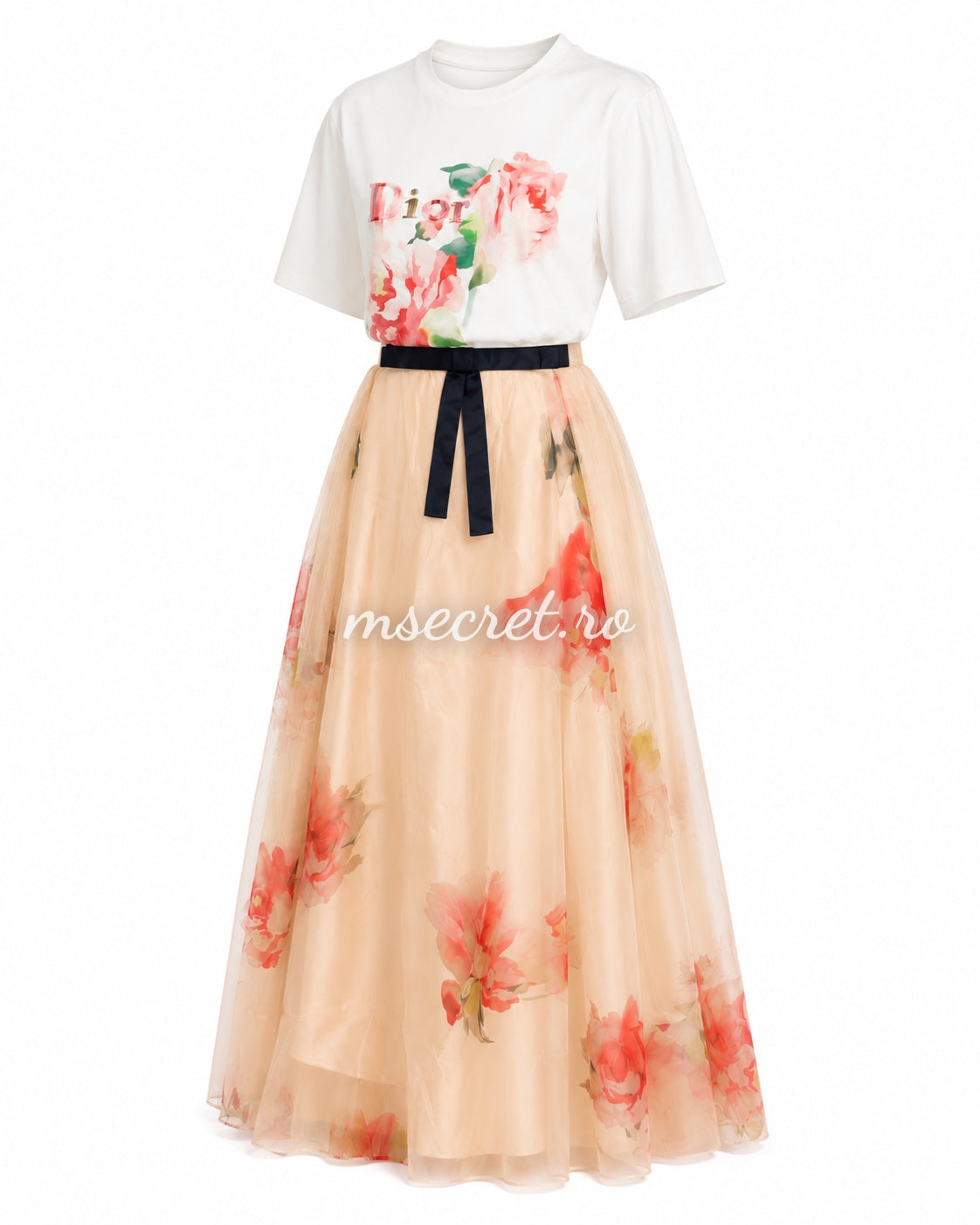 Compleu cu fusta din tul floral si tricou cu imprimeu