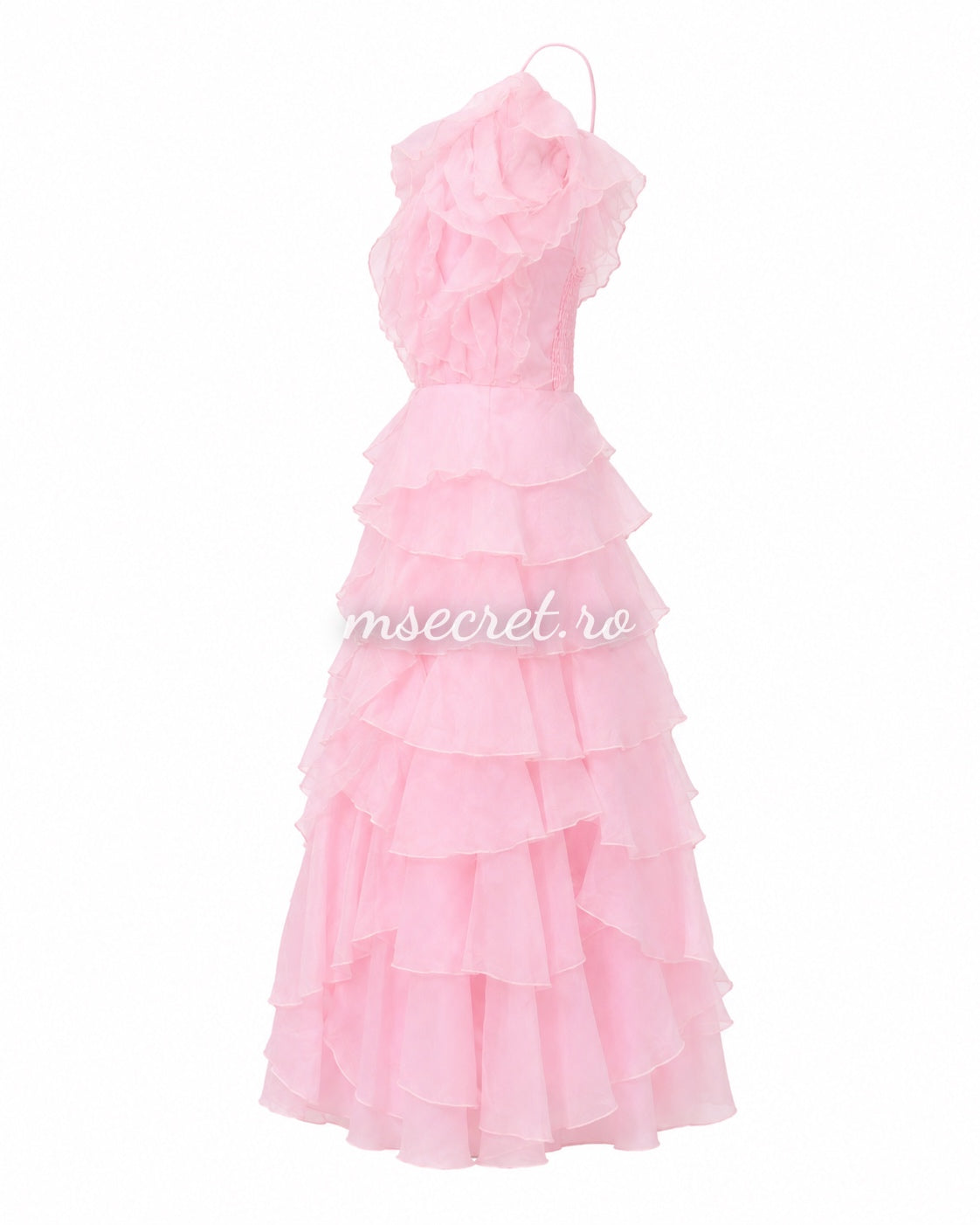 Elegant pink midi dress with organza ruffles