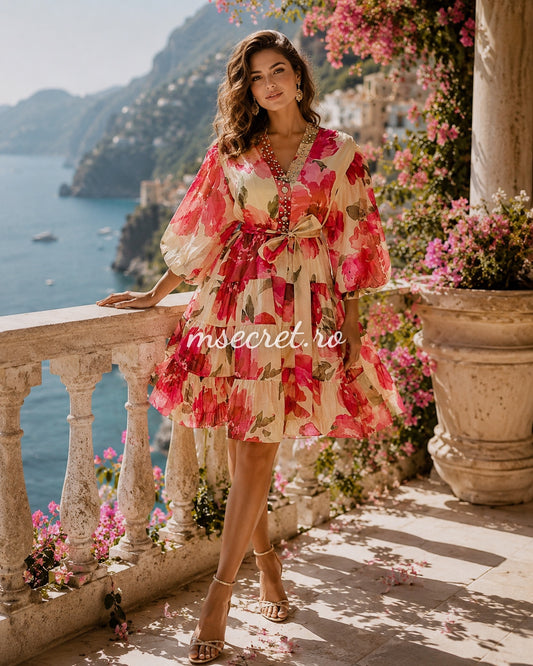 Rochie roz din in și mătase cu imprimeu floral și talie reglabilă