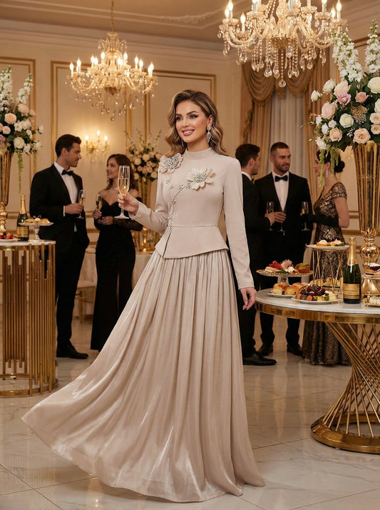 Rochie lunga bej cu cristale