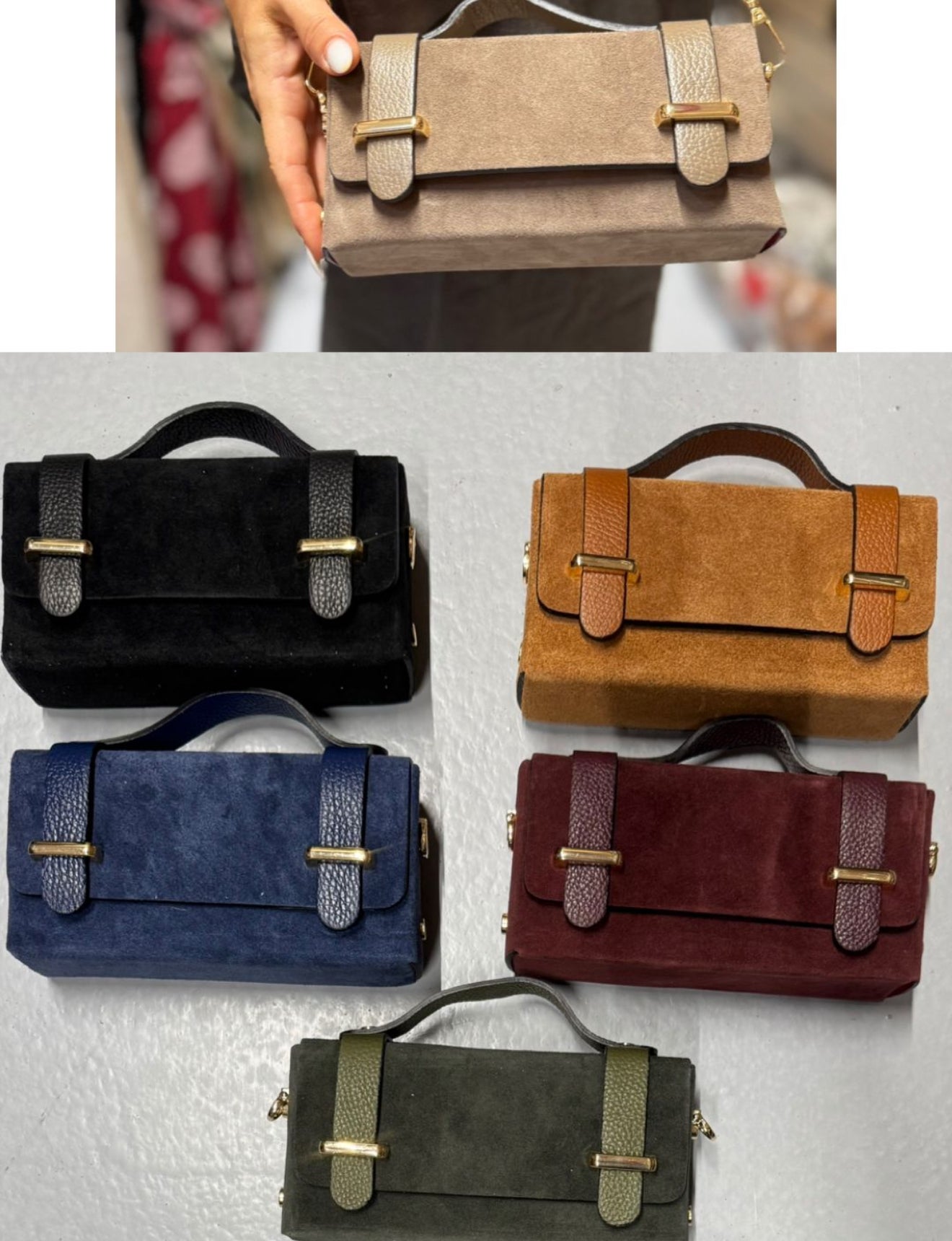 Geanta din piele naturala intoarsa cu accesorii elegante