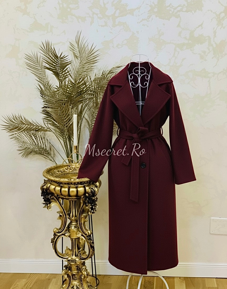 Palton burgundy cu talie reglabila