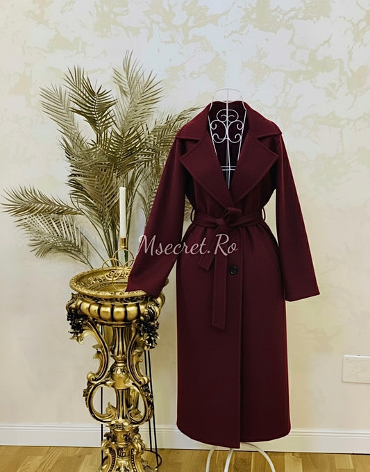 Palton burgundy cu talie reglabila