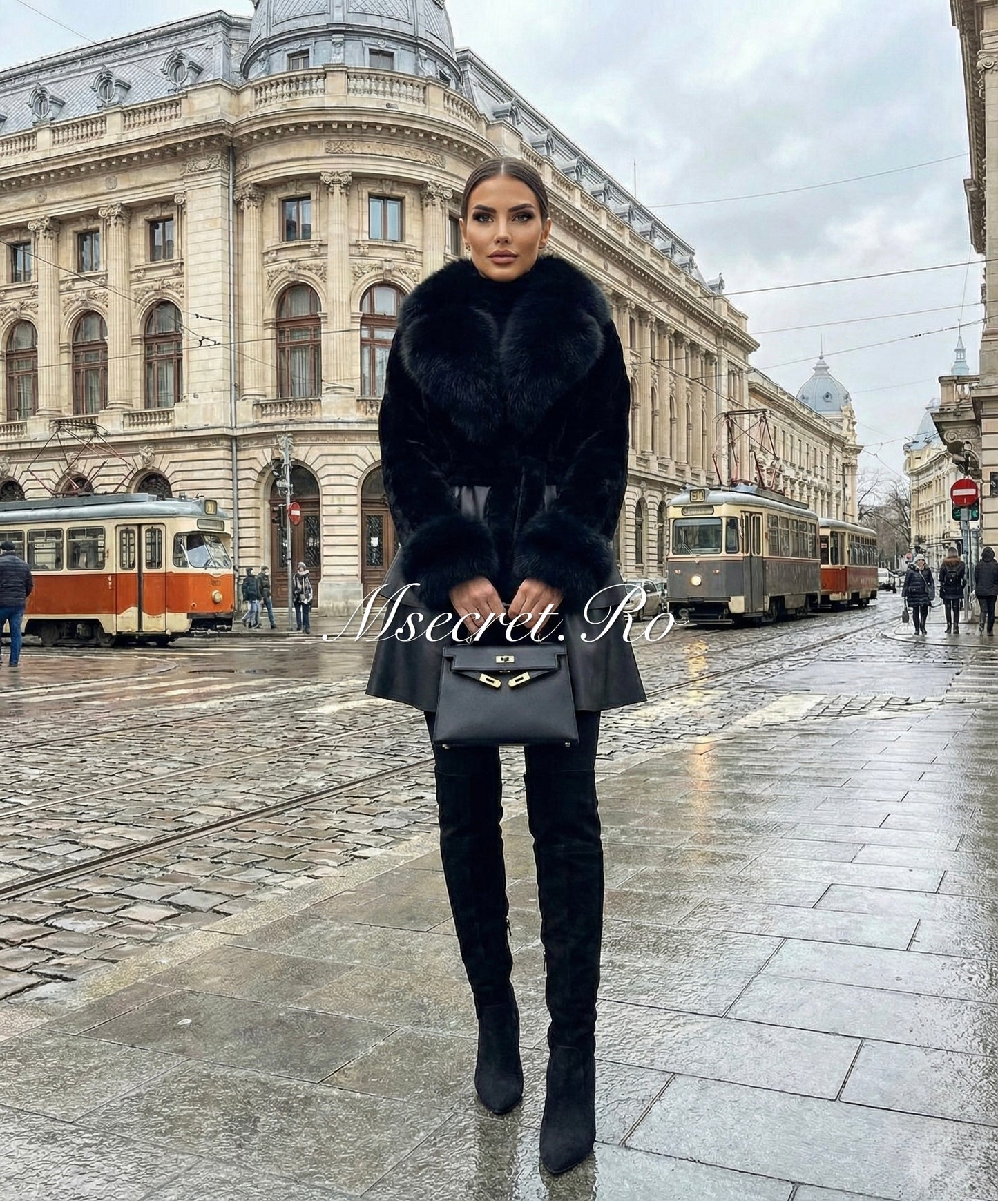 Haina neagra cu guler de blana naturala,  piele, alcantara