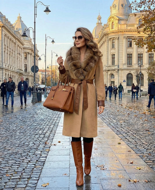 Palton alpaca bej cu guler voluminos de blana naturala