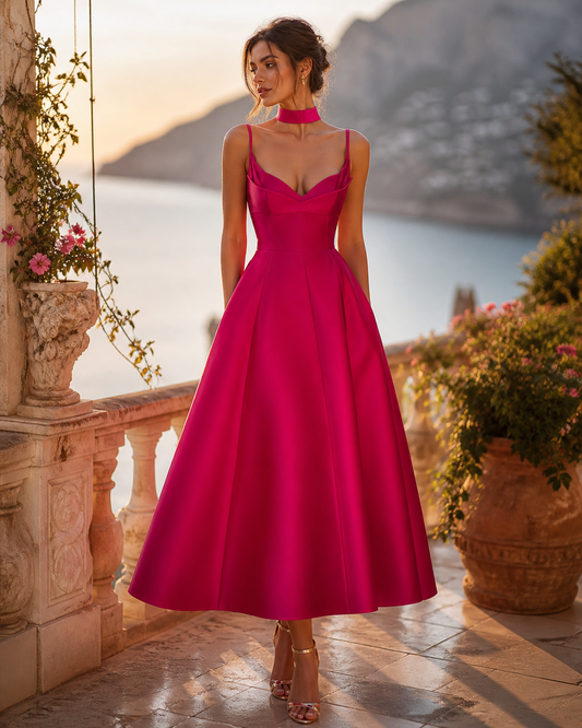 Rochie midi fucsia din tafta