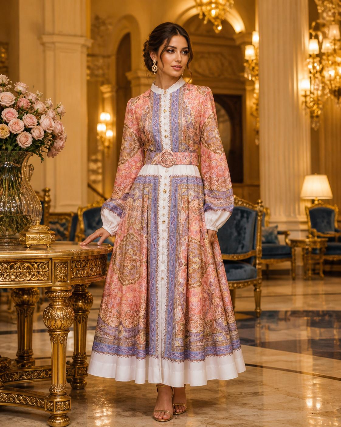 Rochie midi din in si bumbac cu maneca lunga Annis