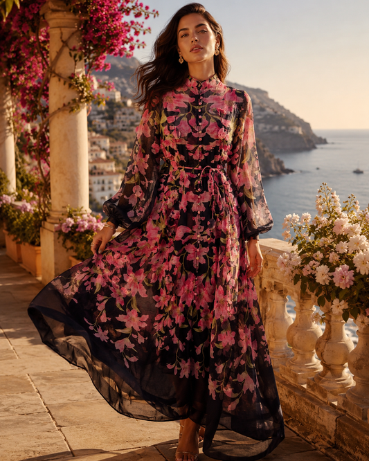 Rochie lungă din in cu imprimeu floral și aplicații 3D