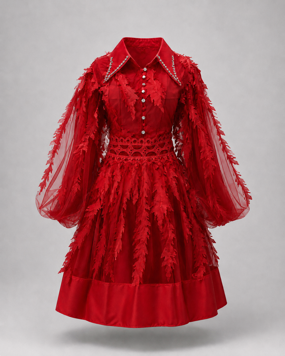 Red midi dress with stones and 3D design