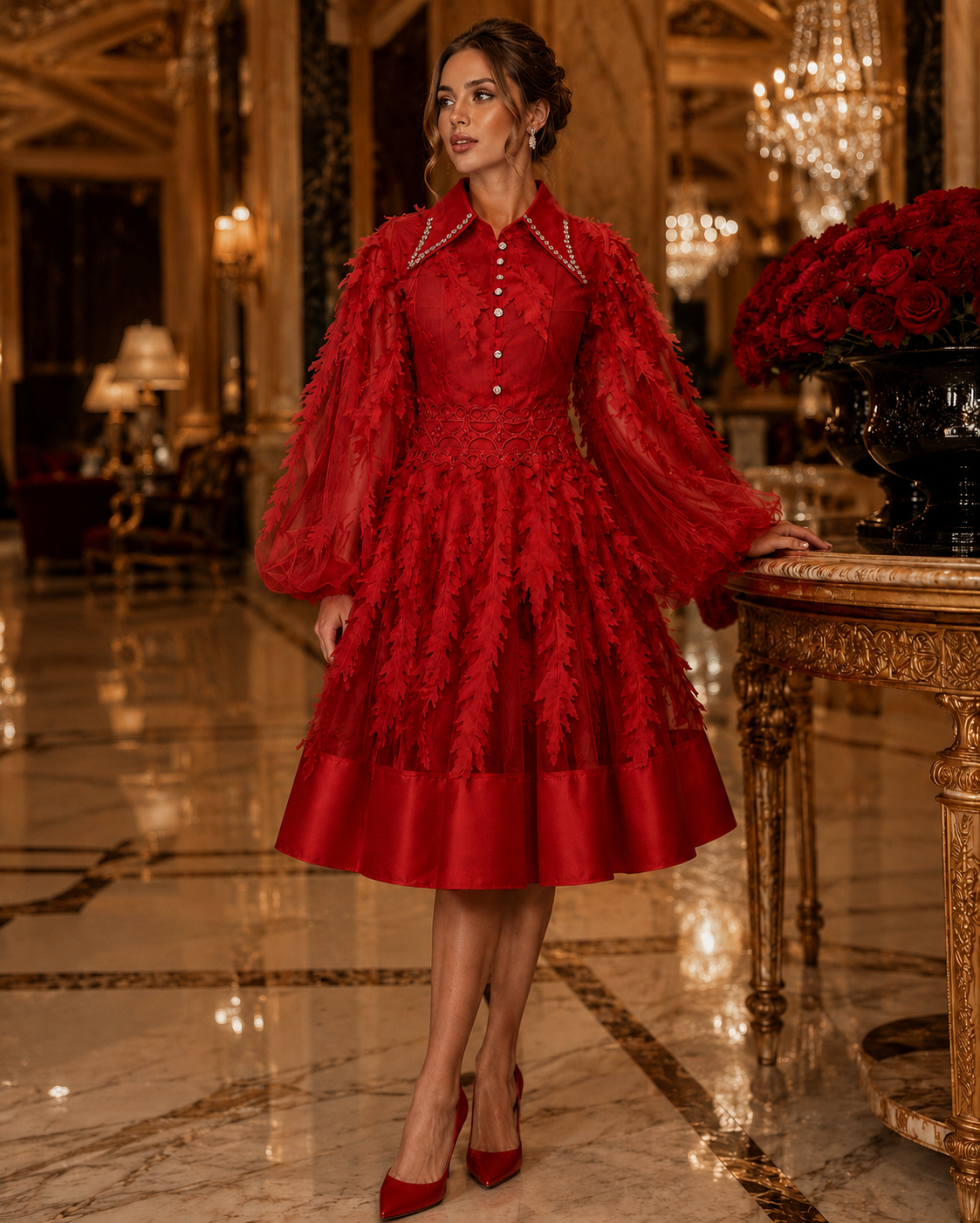 Red midi dress with stones and 3D design
