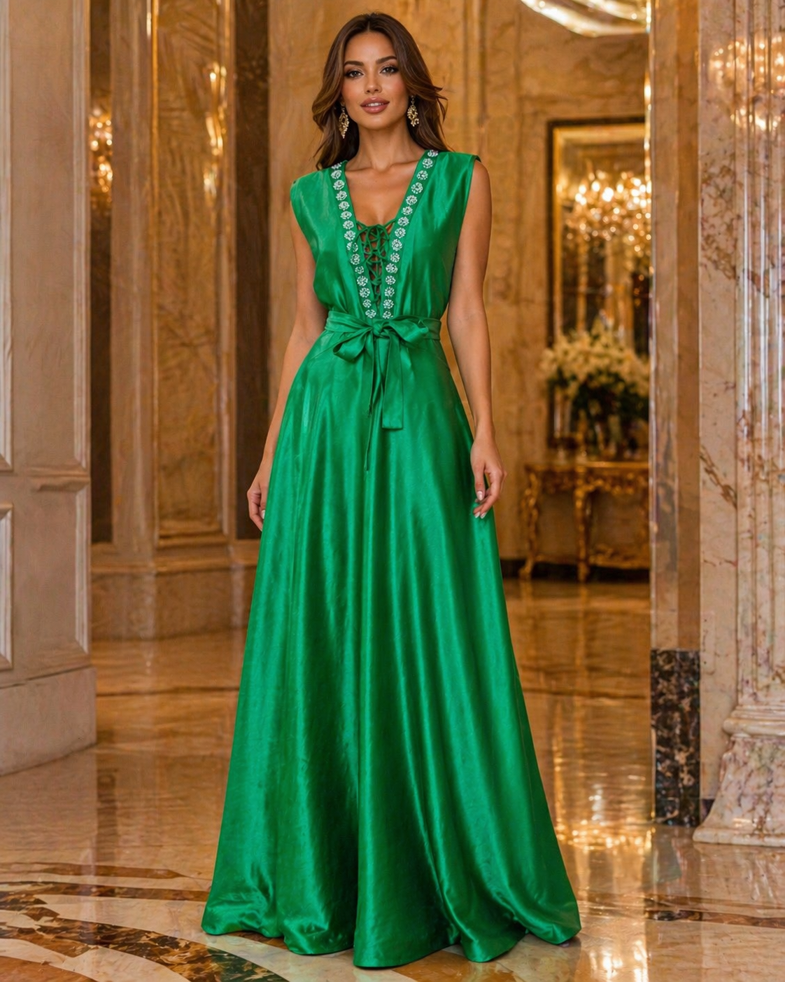 Emerald green long dress with stones