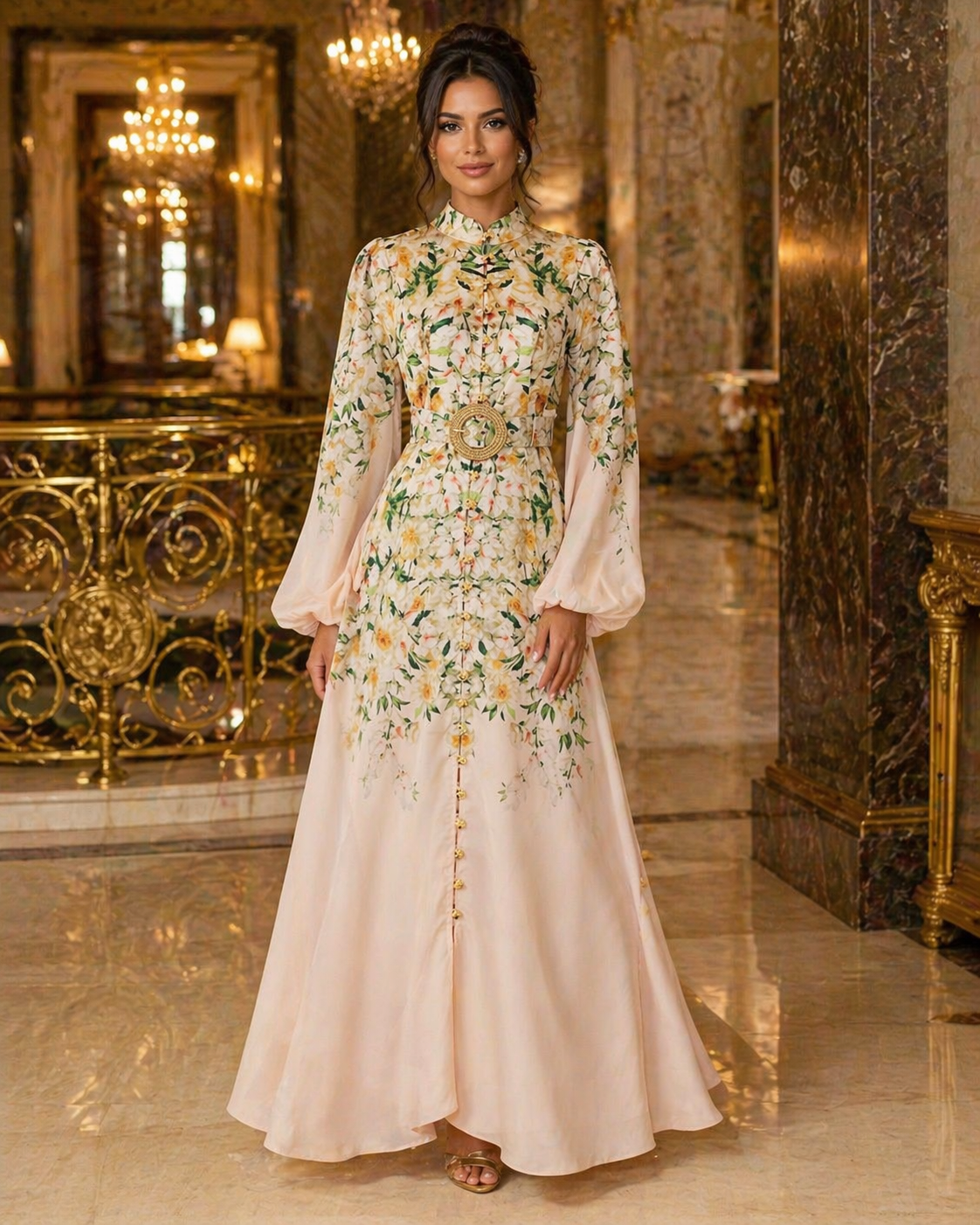 Rochie lunga pastel cu imprimeu floral și nasturi decorativi