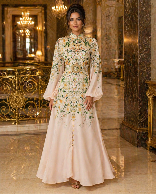 Rochie lunga pastel cu imprimeu floral și nasturi decorativi