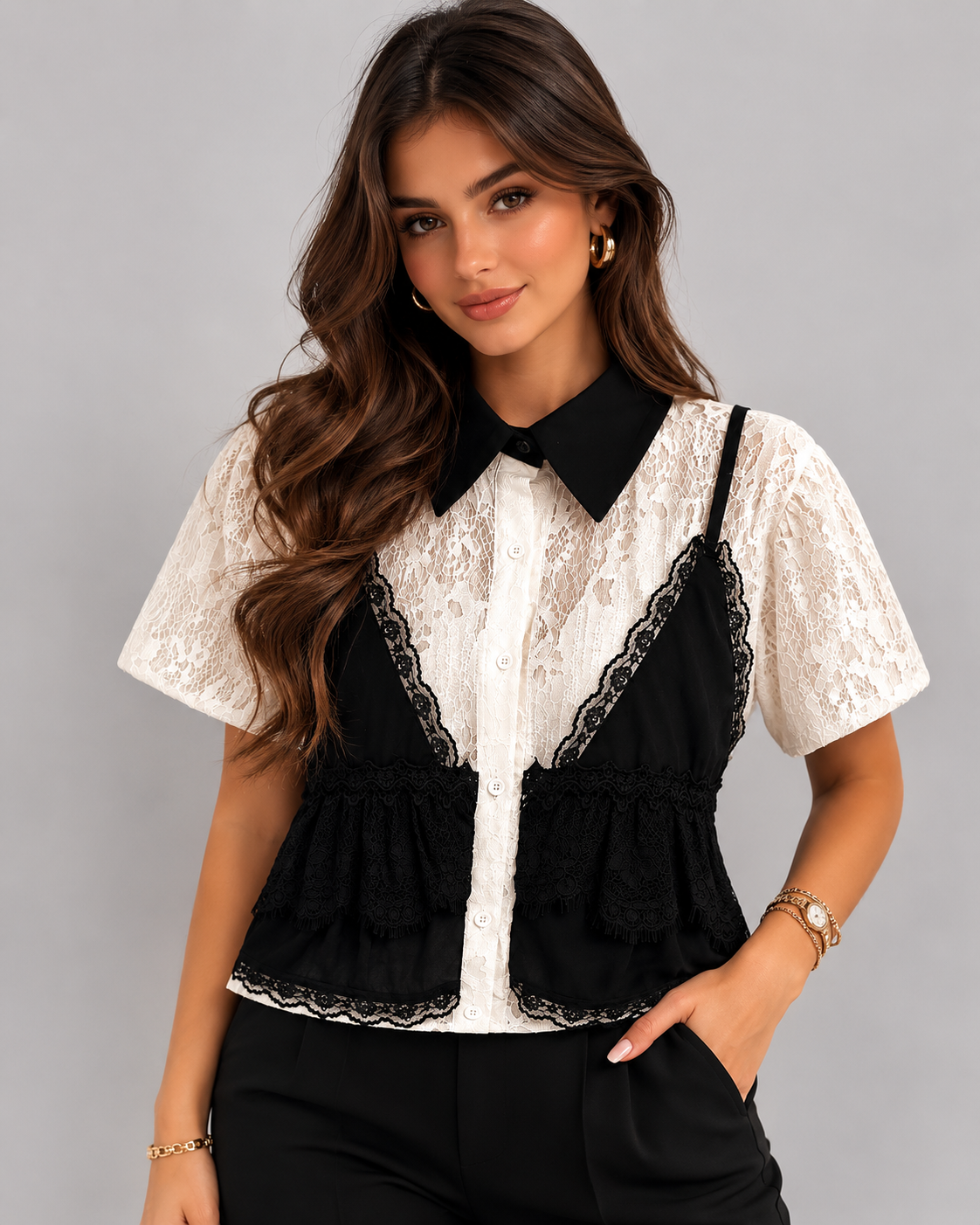 White lace shirt with an attached black top – elegant blouse