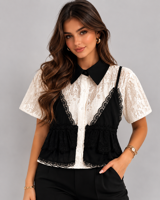 Camasa din dantelă albă cu top negru aplicat – bluza elegantă