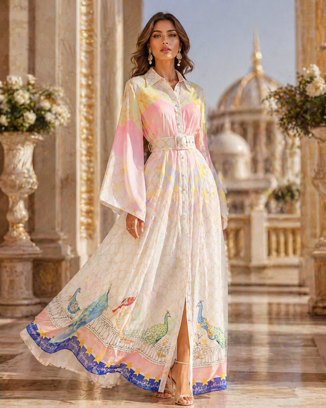 Maxi linen dress with long sleeves