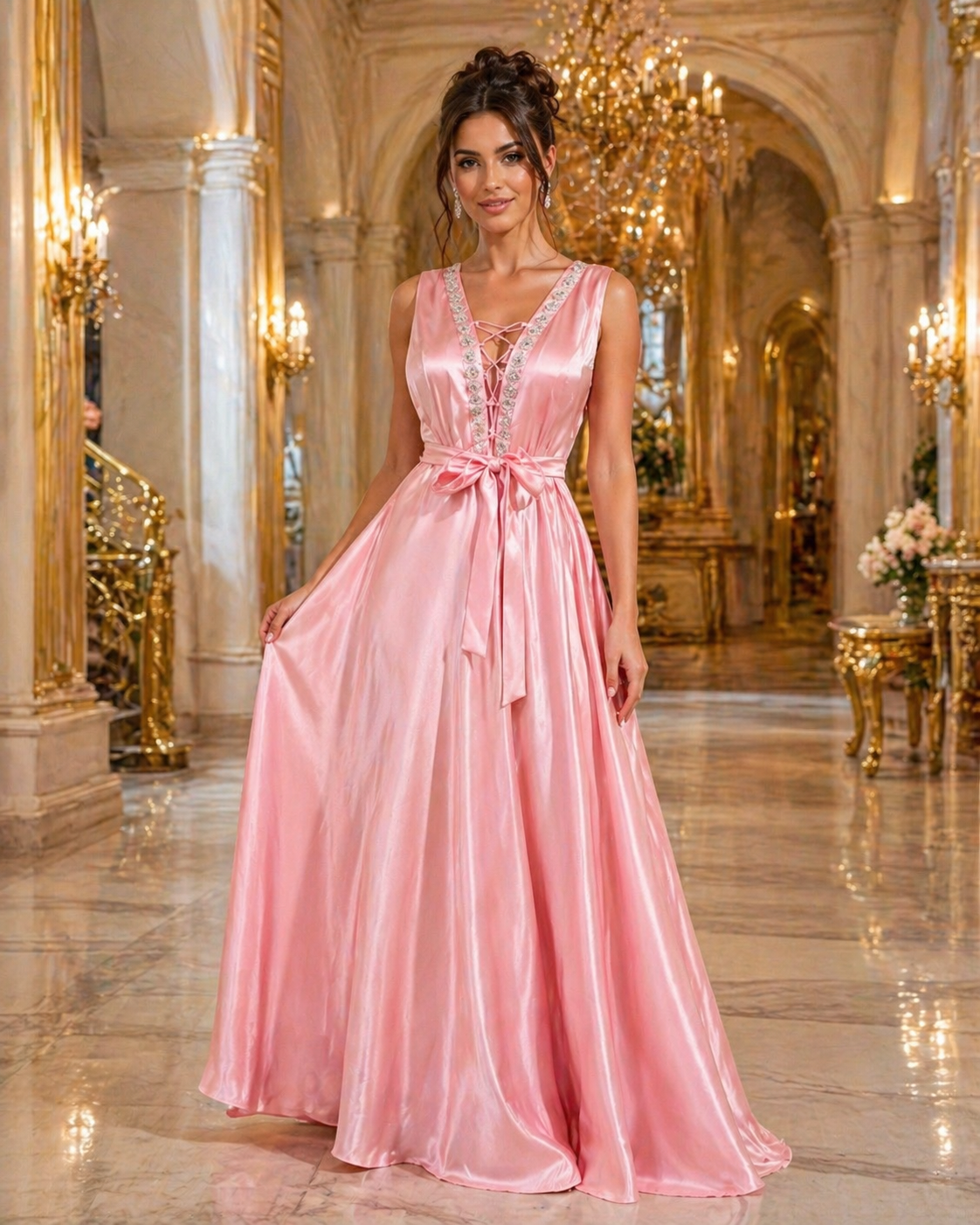 Pink long dress with rhinestones