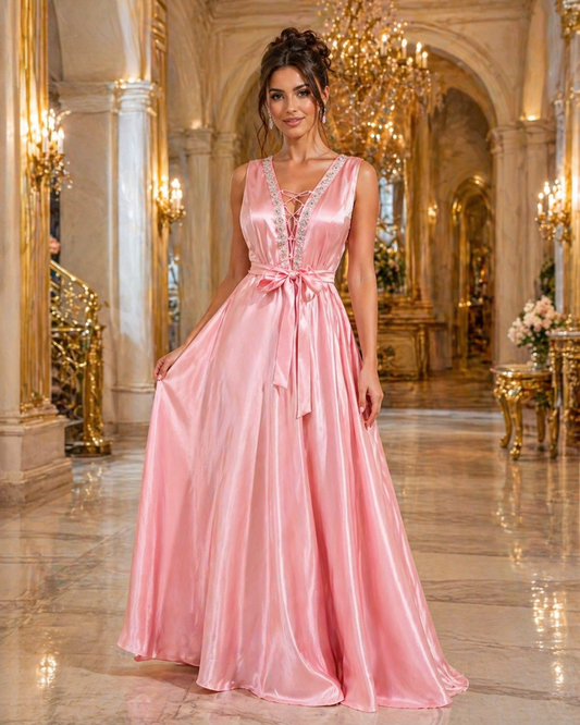 Rochie lunga roz cu pietre