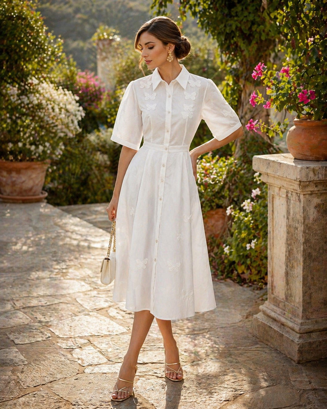 Cotton midi dress with pearls