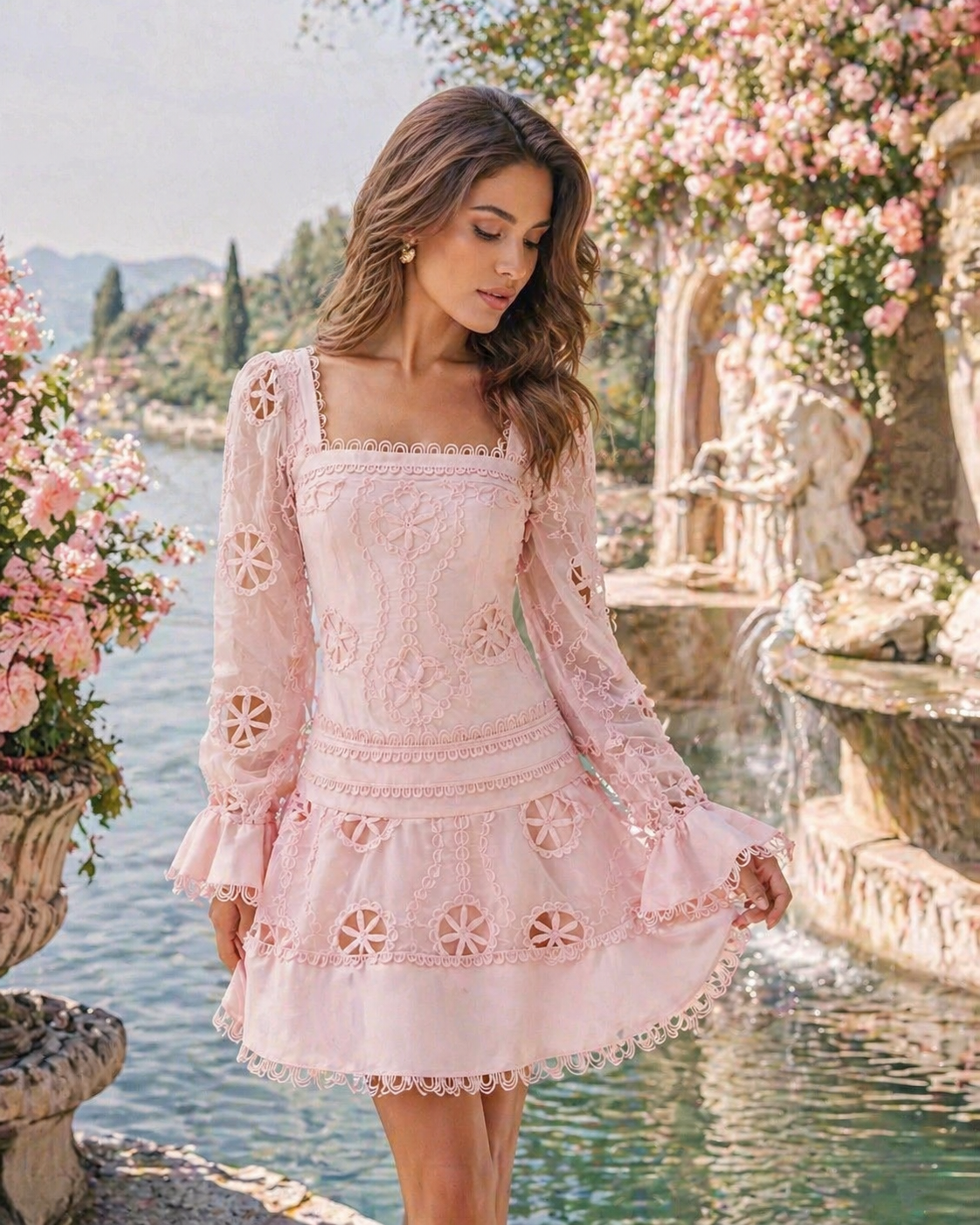 Pastel pink embroidered lace dress