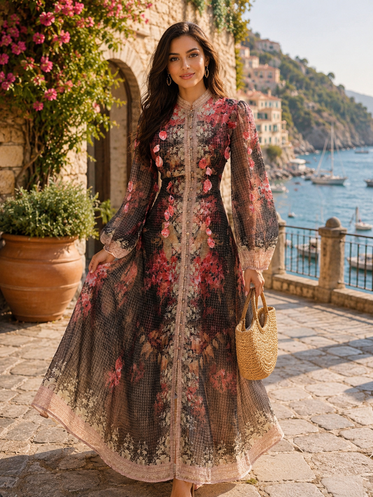 Rochie lungă  din in cu imprimeu floral