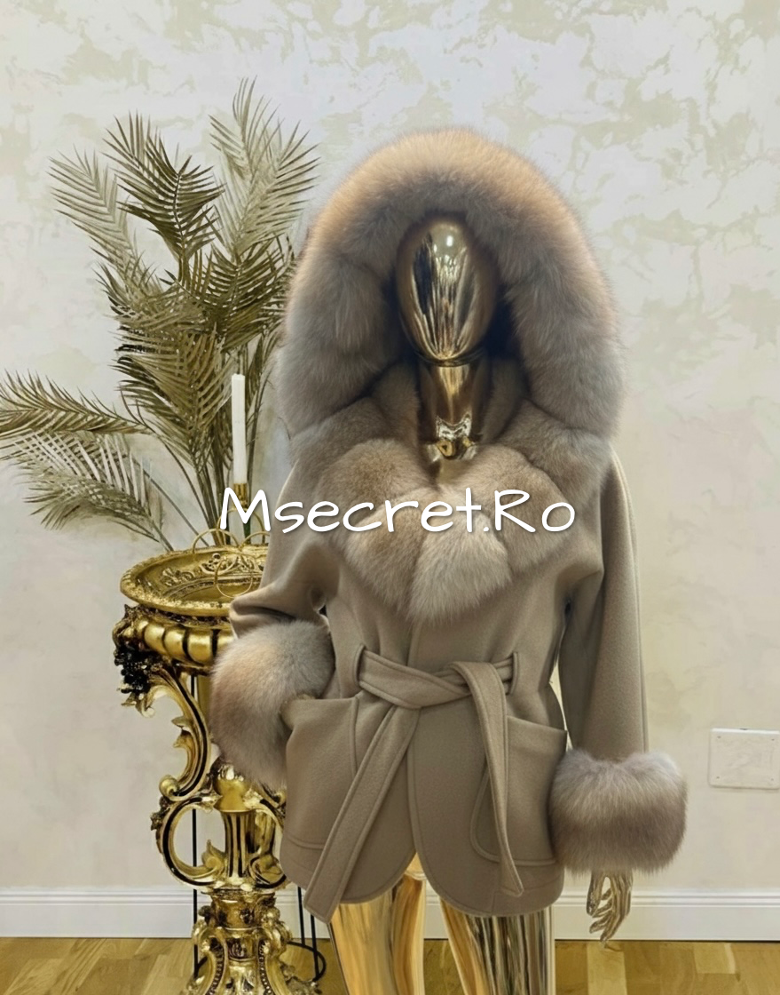 Beige alpaca coat with voluminous natural fur collar and hood