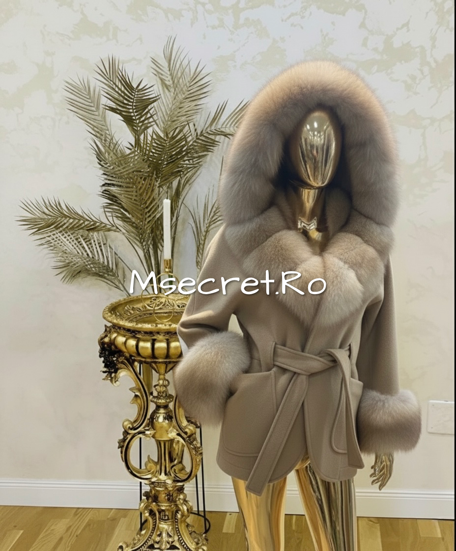 Beige alpaca coat with voluminous natural fur collar and hood
