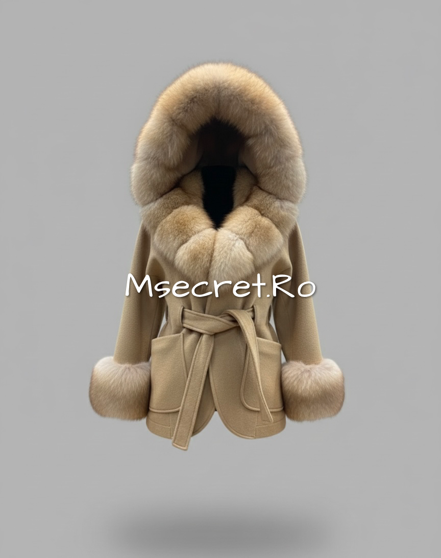 Beige alpaca coat with voluminous natural fur collar and hood