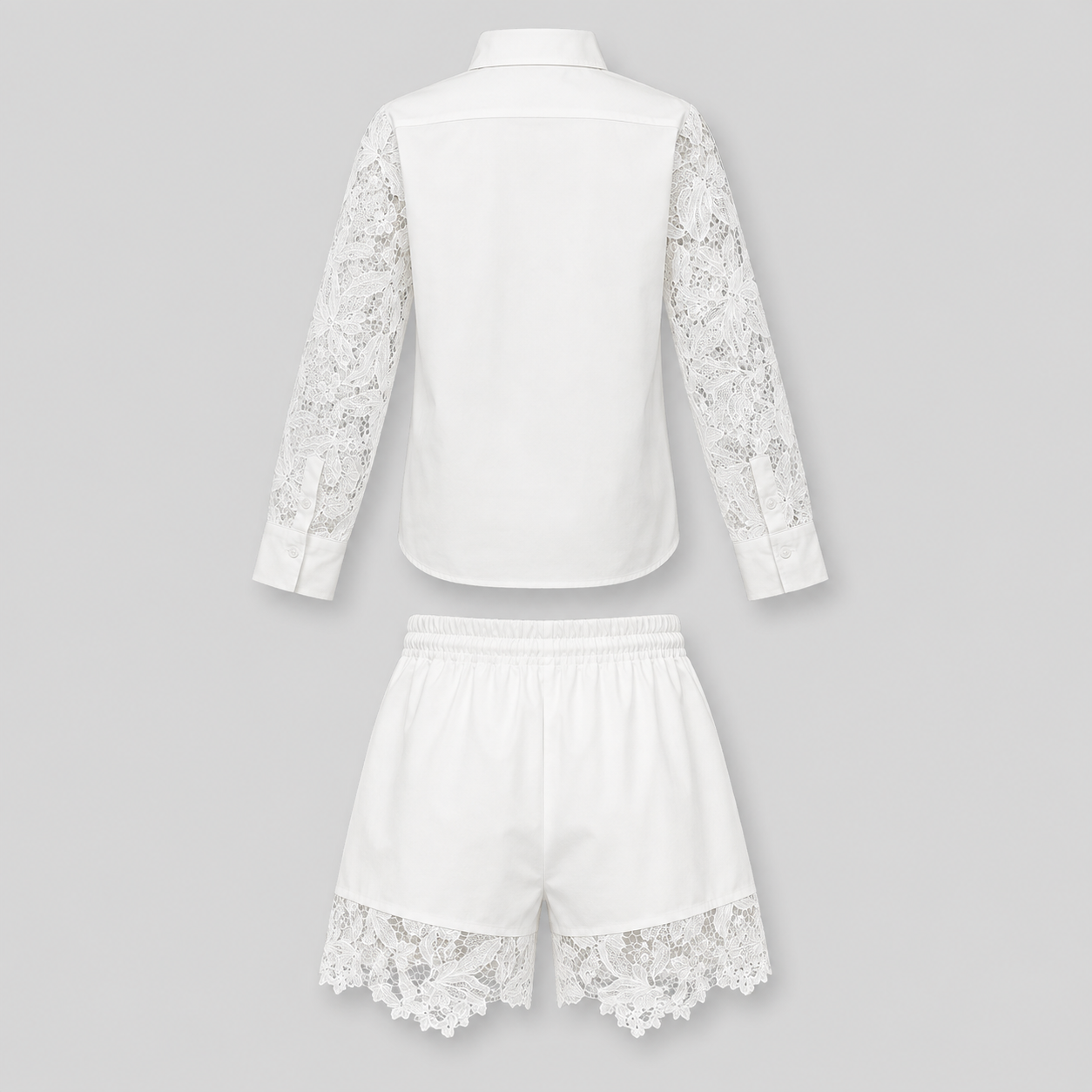 Compleu alb din bumbac cu camasa brodata si pantaloni