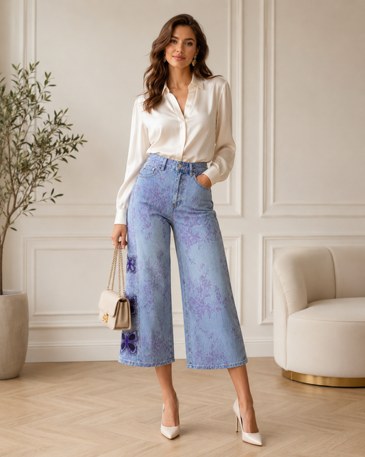 Blugi wide leg cu imprimeu floral mov si aplicatii fluturi