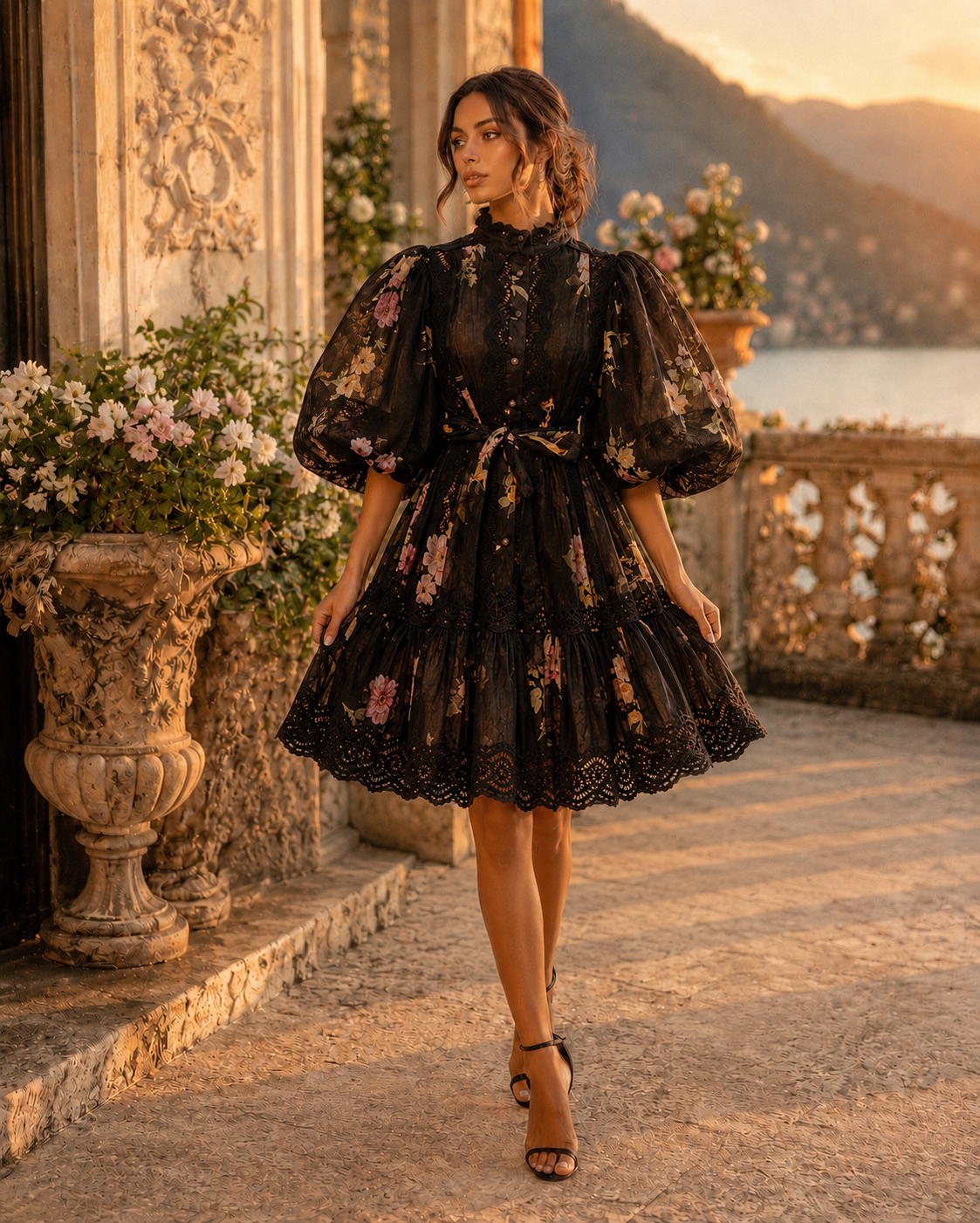 Black linen dress with floral print and decorative embroidery