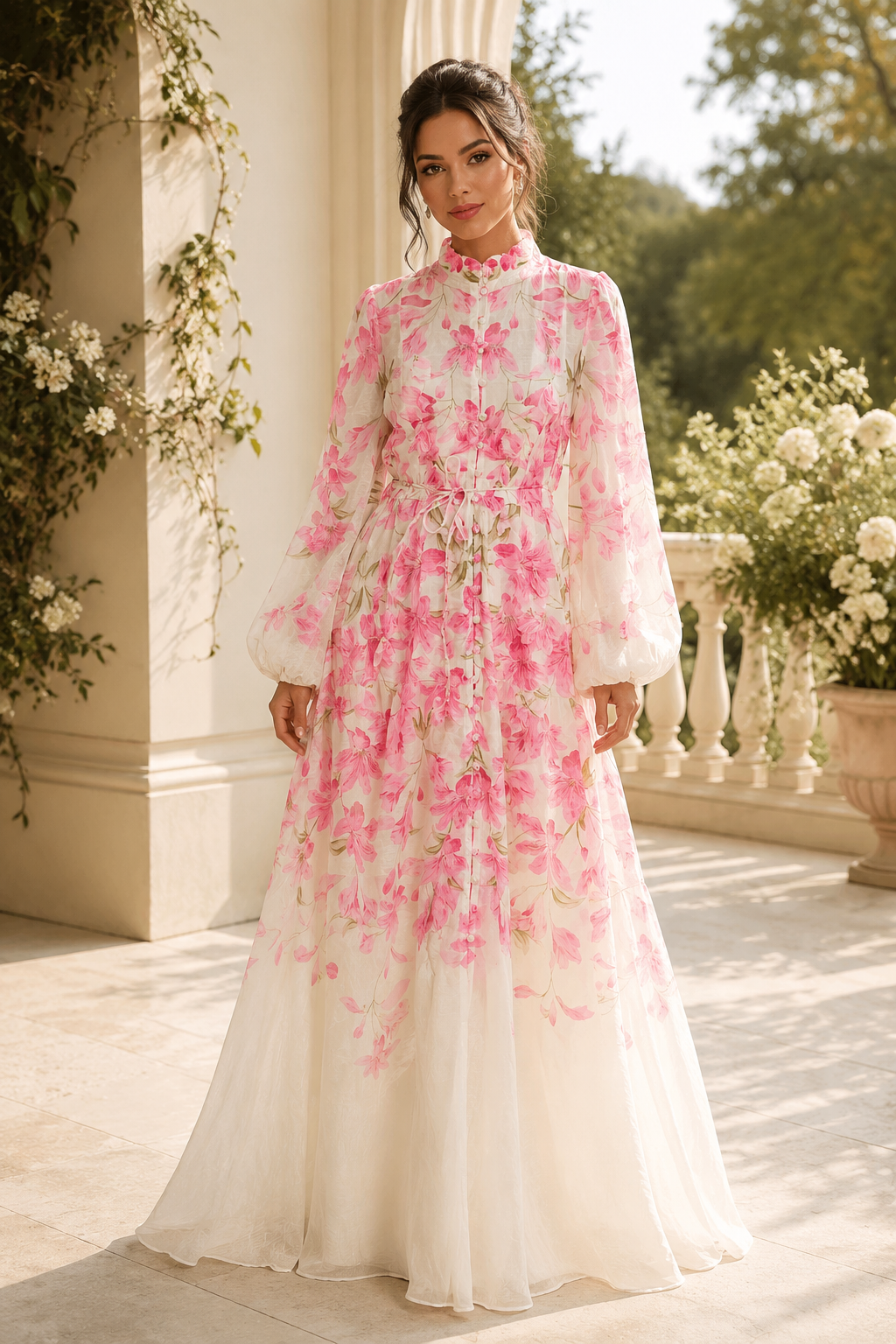 Rochie lungă roz din in cu imprimeu floral și aplicații 3D