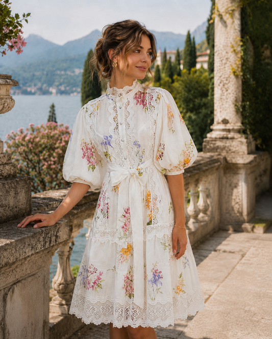 Rochie alba din in cu imprimeu floral si broderie decorativa