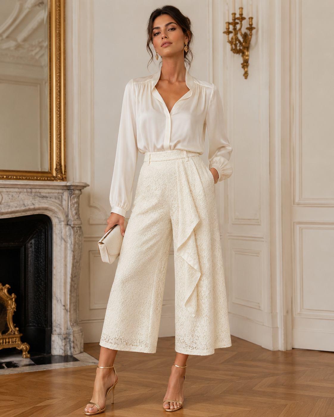 Pantaloni ivory din dantela cu talie inalta