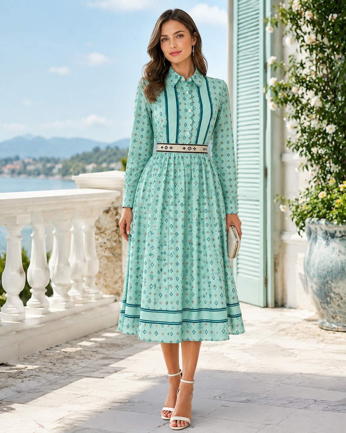 Compleu elegant verde mentă cu imprimeu