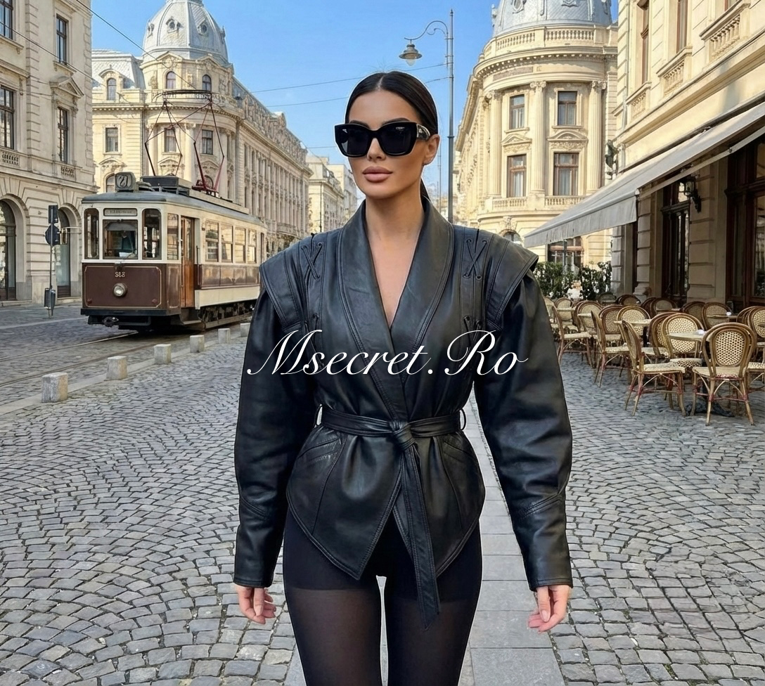 Black leather jacket with accentuated shoulders