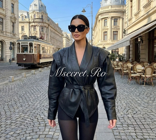 Geaca neagra din piele cu umeri accentuati