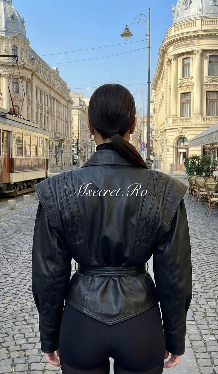 Black leather jacket with accentuated shoulders