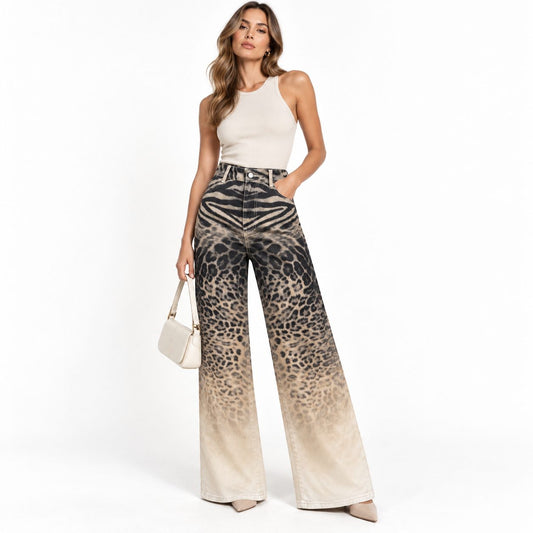 Blugi wide leg cu imprimeu animal in degrade