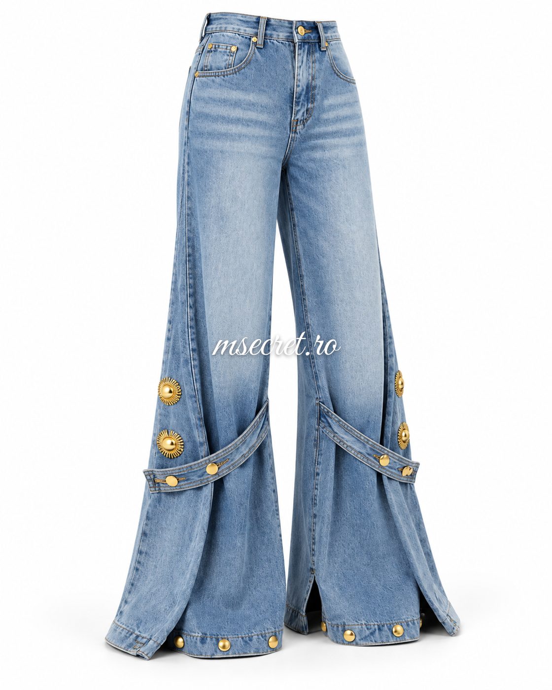 Blugi bleu wide leg cu detalii aurii detasabile - vedere din fata