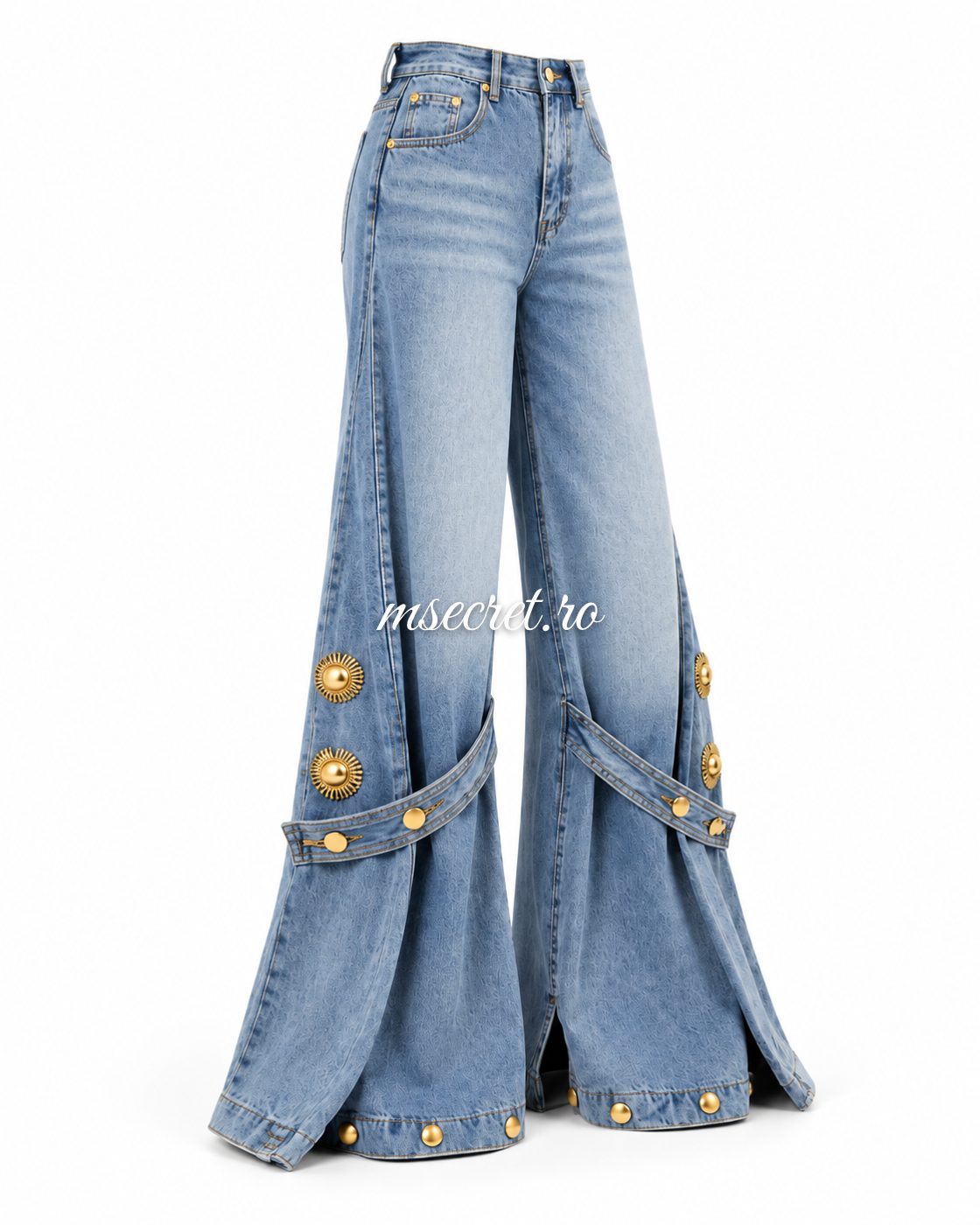 Blugi bleu wide leg cu detalii aurii detasabile - vedere din lateral