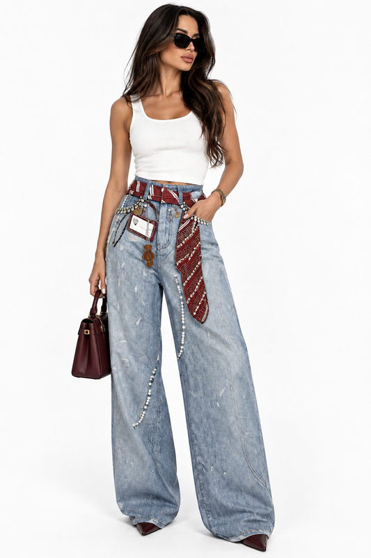 Blugi wide leg cu curea decorata cu pietre si perle