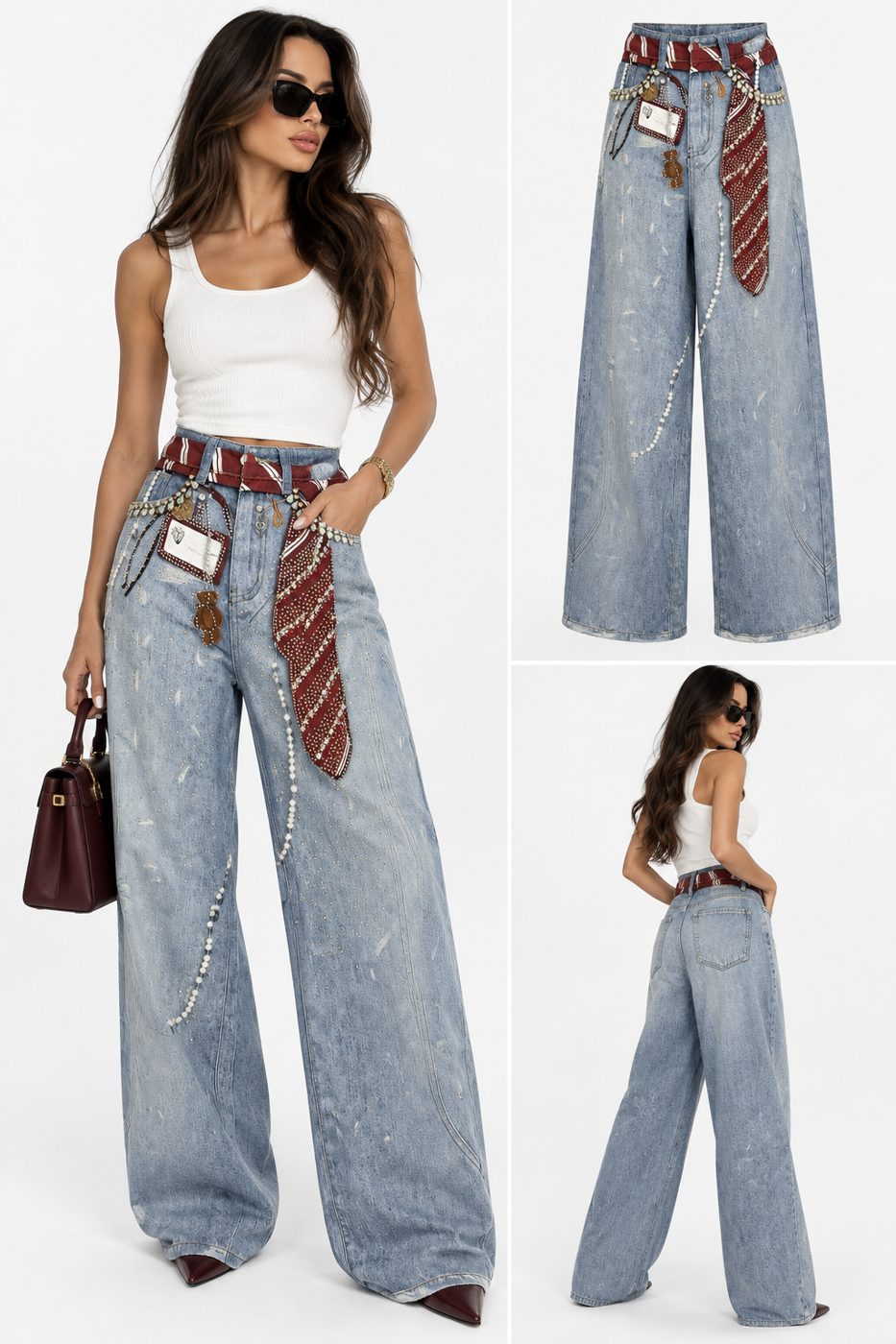 Blugi wide leg cu curea decorata cu pietre si perle