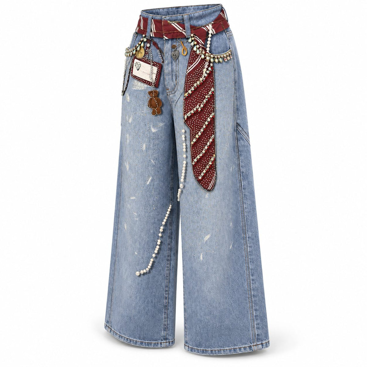 Blugi wide leg cu curea decorata cu pietre si perle